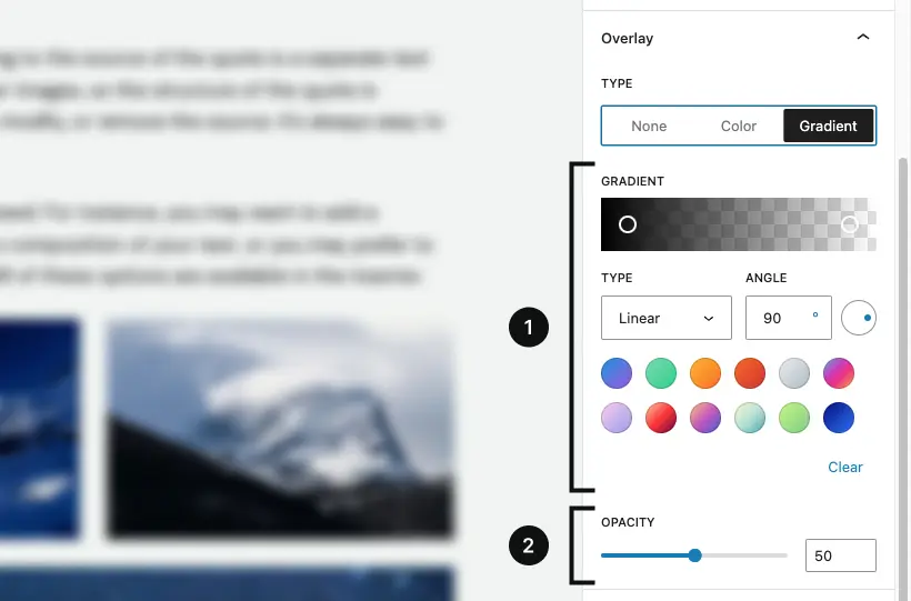 The overlay panel – gradient section