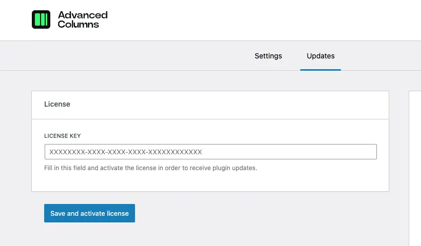 The license field option in the plugin settings page
