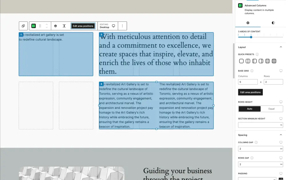 The editing interface of Advanced Columns in the TwentyTwentyFour theme.
