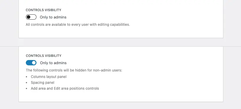 The controls visibility panel with also the active state