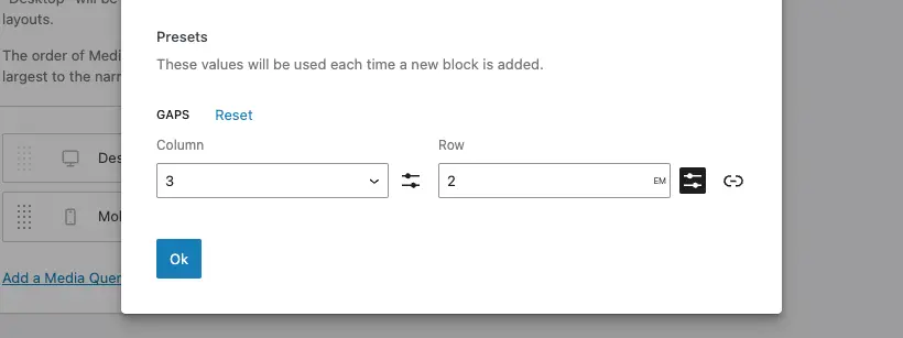 The preset panel with a defined value for the Gap field.