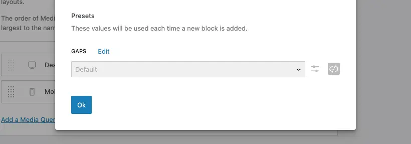 The preset panel with no value defined for the Gap field.